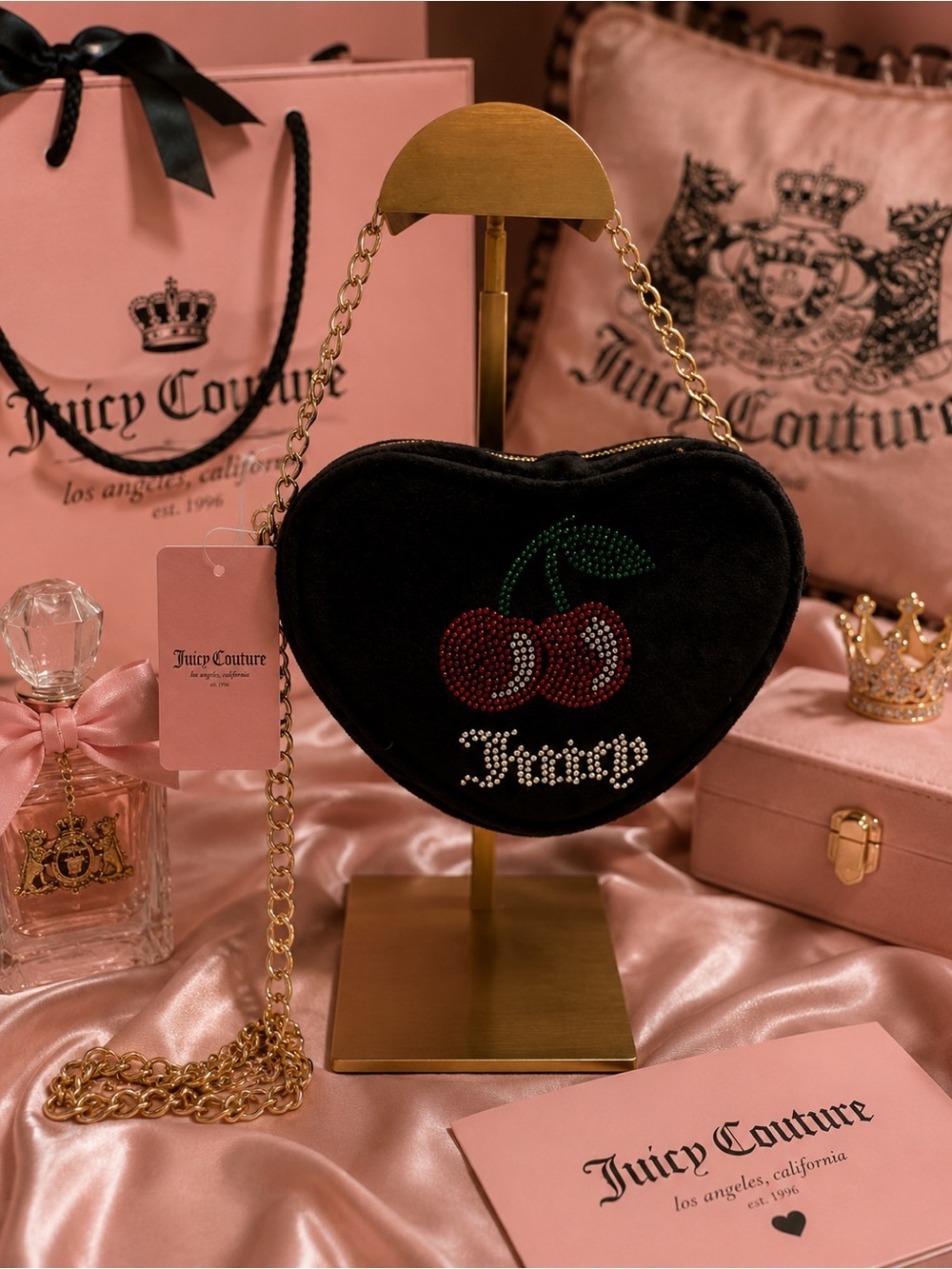 Juicy Couture Black Heart Cherry Rhinestone Crossbody – Velvet Gold Chain Purse
